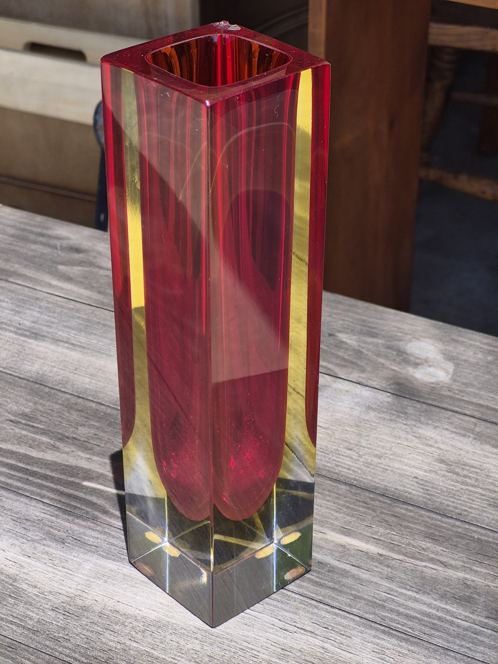 Murano Red and Yellow Tall Rectangular Glass Vase